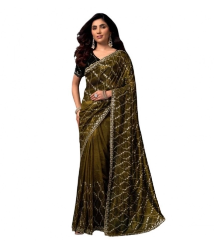 Generic Women's Net Sequence Saree With Unstitched Blouse 5.5Mtr (Mahendi)