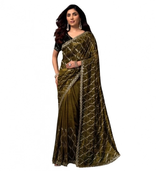 Generic Women's Net Sequence Saree With Unstitched Blouse 5.5Mtr (Mahendi)