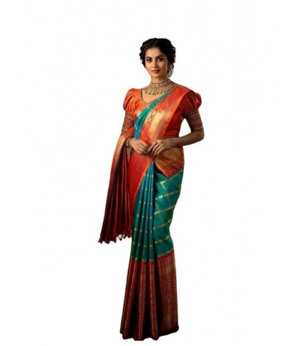 Generic Women's Soft Lichi Silk Printed Saree With Unstitched Blouse 5.5Mtr (Green)