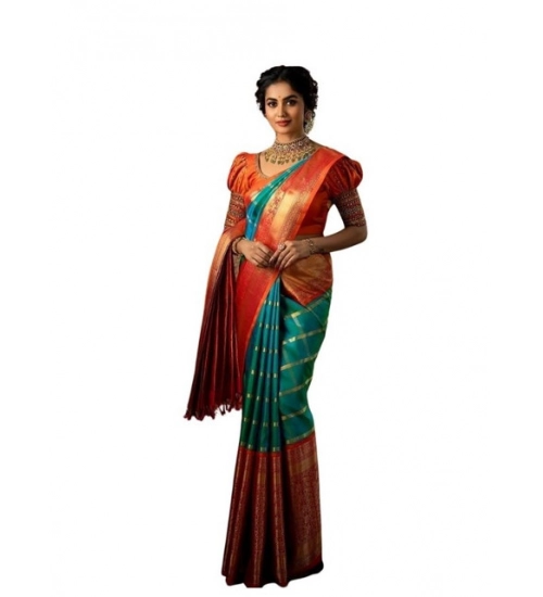 Generic Women's Soft Lichi Silk Printed Saree With Unstitched Blouse 5.5Mtr (Green)