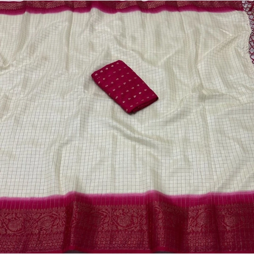 Women's Cotton Blend Checkered Saree With Unstitched Blouse 5.5Mtr (Multicolor)