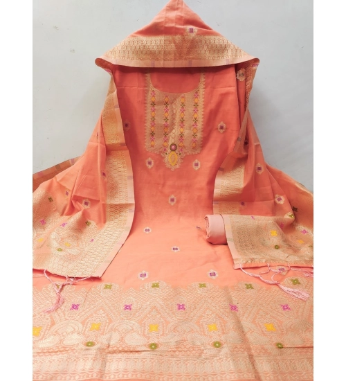 Generic Women's Banarasi Silk Printed Unstitched Salwar Suit Material With Dupatta (Peach, 3Mtrs)