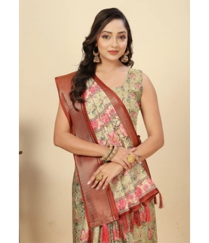Generic Women's Cotton Silk Floral Printed Saree With Unstitched Blouse 5.5Mtr (Gold)