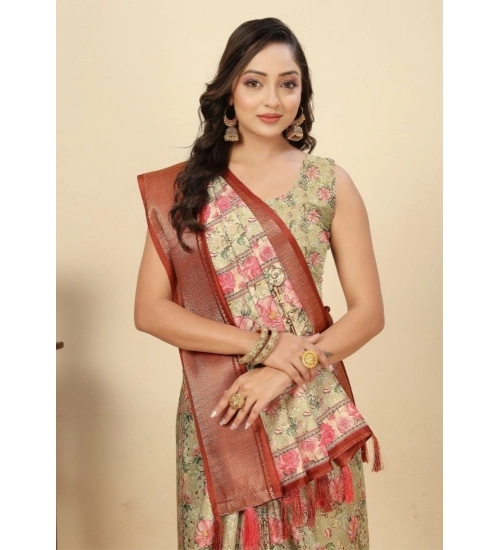 Generic Women's Cotton Silk Floral Printed Saree With Unstitched Blouse 5.5Mtr (Gold)
