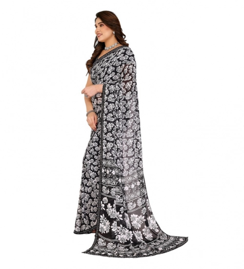 Generic Women's Georgette Printed Saree With Unstitched Blouse 5.5Mtr (Black)