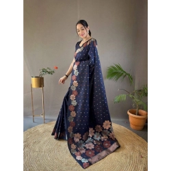 Generic Women's Soft Litchi Silk Jacquard Work Saree With Unstitched Blouse 5.5Mtr (Navy Blue)