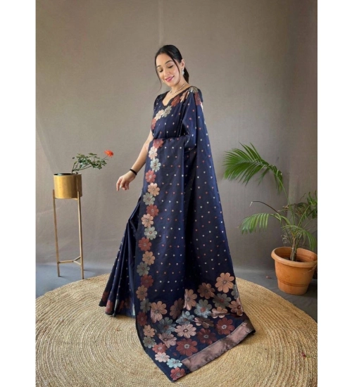 Generic Women's Soft Litchi Silk Jacquard Work Saree With Unstitched Blouse 5.5Mtr (Navy Blue)