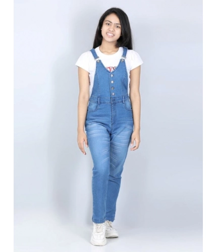Generic Girl's Denim Solid Buttoned Dungaree (Blue)