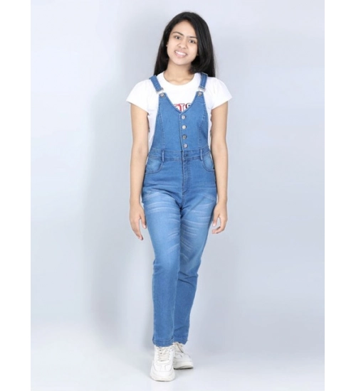 Generic Girl's Denim Solid Buttoned Dungaree (Blue)