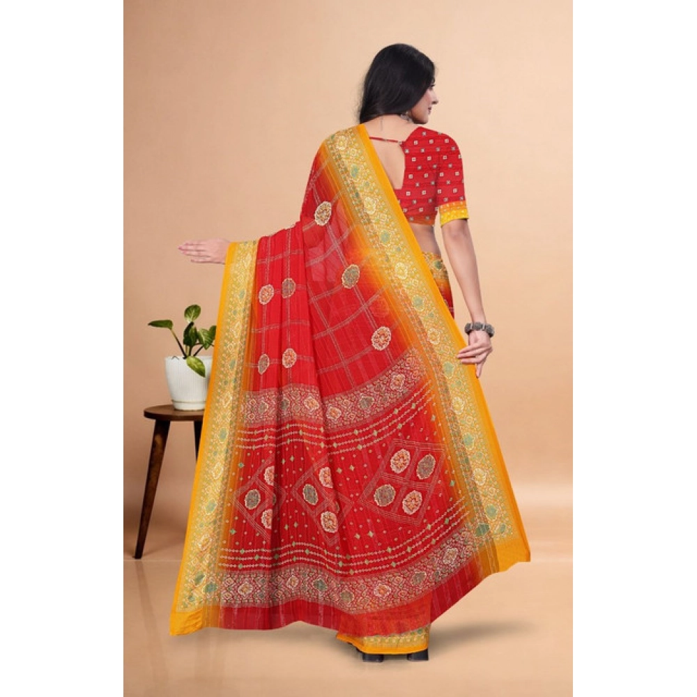 Women's Art Silk Printed Saree With Unstitched Blouse 5.5Mtr (Red)