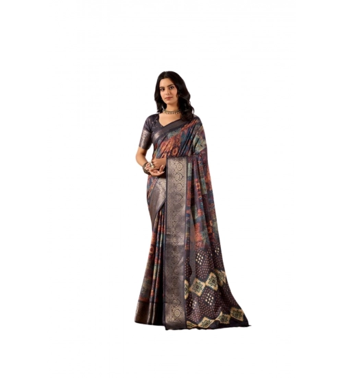 Generic Women's Faux_Silk Printed Saree With Unstitched Blouse 5.5Mtr (Navy_Blue)
