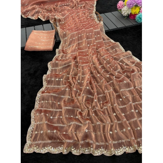Generic Women's Slik Embellished Saree With Unstitched Blouse 5.5Mtr (Brown)