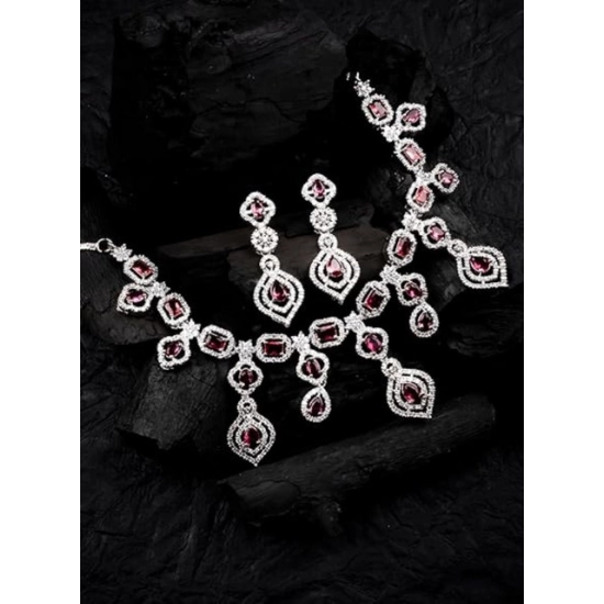 Generic Women's Brass Silver Plated Necklace set (Red)
