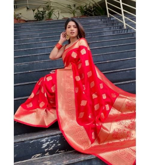 Generic Women's Soft Litchi Silk Jacquard Work Saree With Unstitched Blouse 5.5Mtr (Red)