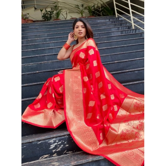 Generic Women's Soft Litchi Silk Jacquard Work Saree With Unstitched Blouse 5.5Mtr (Red)