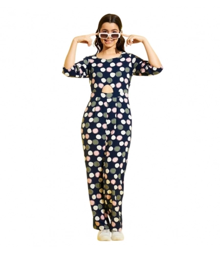 Generic Girl's Cotton Polka 3-4th Sleeve Jumpsuit (Multicolor)
