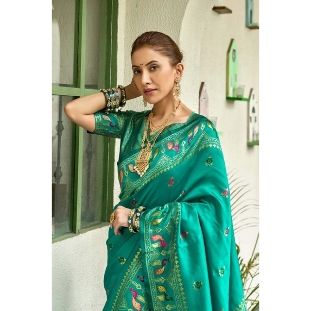 Generic Women's Silk Blend Woven Saree With Unstitched Blouse 5.5 Mtr (Green)