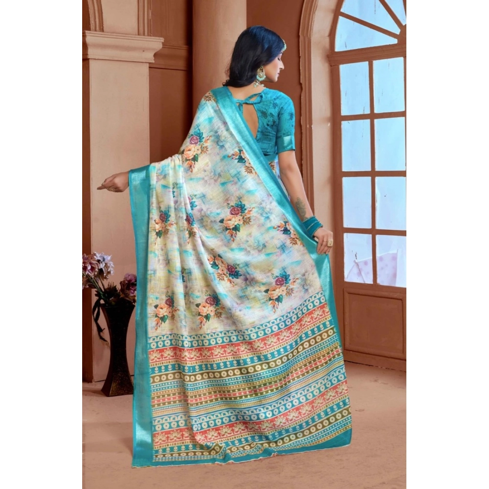 Generic Women's Printed Cotton Linen Saree withPrinted  Saree With Unstitched Blouse (Blue, 5-6Mtrs)