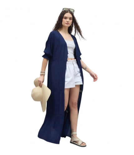 Generic Women's Rayon Crepe Lace Inserts 3-4th Sleeve Shrug (Navy)