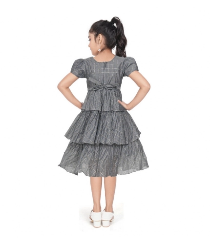 Generic Girl's Artificial Silk Striped Short Sleeve V Neck Dress (Grey)