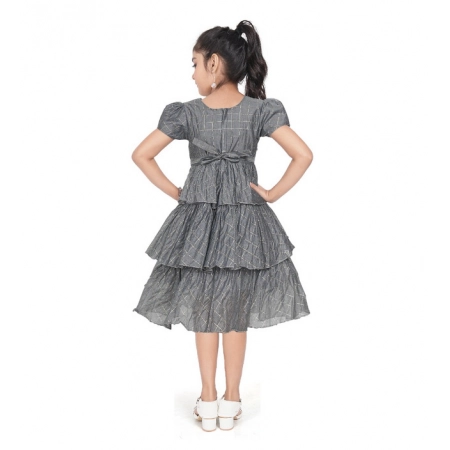 Generic Girl's Artificial Silk Striped Short Sleeve V Neck Dress (Grey)
