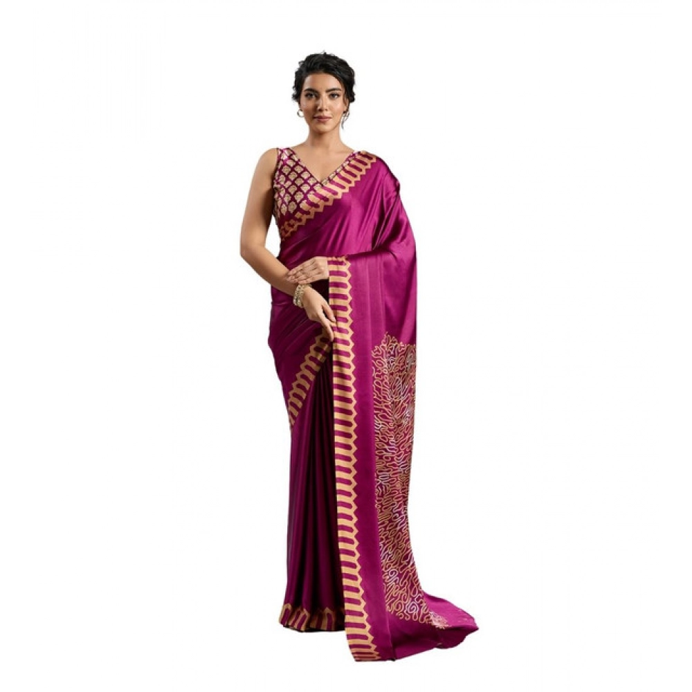 Generic Women's Satin Crepe Printed Saree With Unstitched Blouse 5.5Mtr (Purple) Generic Women's Satin Crepe Printed Saree With Unstitched Blouse 5.5Mtr (Purple)