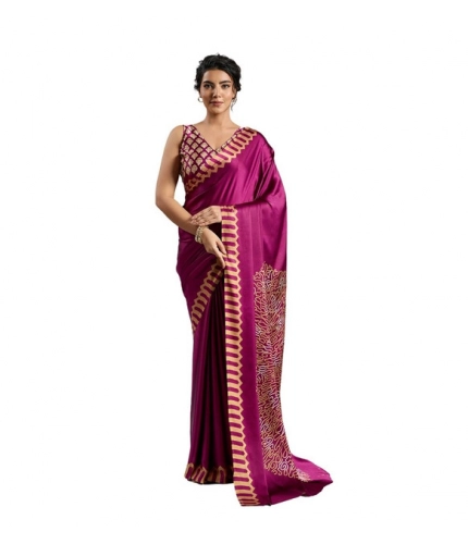 Generic Women's Satin Crepe Printed Saree With Unstitched Blouse 5.5Mtr (Purple)