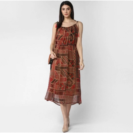 Generic Women's Polyester Printed Shoulder Straps Dress (Maroon - Brown) Generic Women's Polyester Printed Shoulder Straps Dress (Maroon - Brown)