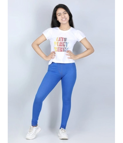 Generic Girl's Cotton Lycra Solid Elasticated Jeggings (Blue)