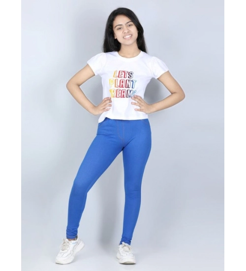 Generic Girl's Cotton Lycra Solid Elasticated Jeggings (Blue)
