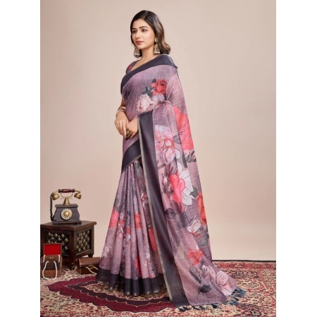 Generic Women's Semi Cotton Digital Print Saree With Unstitched Blouse 5.5Mtr (lavender)