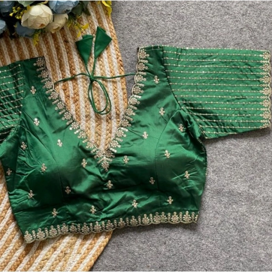 Generic Women's Banarasi Silk Sequence V Neck Non Padded Blouse (Green 38 Ready (Alterable up to 42)