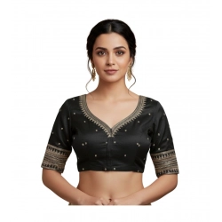 Generic Women's Vichitra Silk V Neck Padded Blouse (Black, 38 Ready Size (Self-Alterable 36–40)