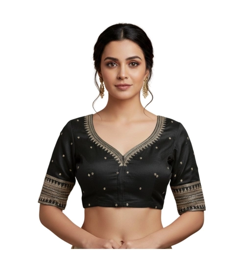 Generic Women's Vichitra Silk V Neck Padded Blouse (Black, 38 Ready Size (Self-Alterable 36–40)