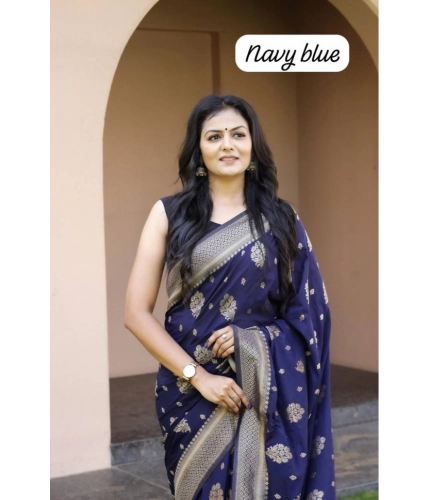 Generic Women's Soft Lichi Silk Printed Saree With Unstitched Blouse 5.5Mtr (Navy Blue)