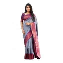 Generic Women's Soft Lichi Silk Printed Saree With Unstitched Blouse 5.5Mtr (Grey)