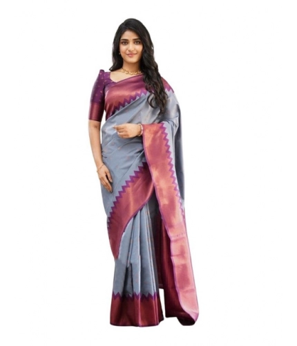 Generic Women's Soft Lichi Silk Printed Saree With Unstitched Blouse 5.5Mtr (Grey)