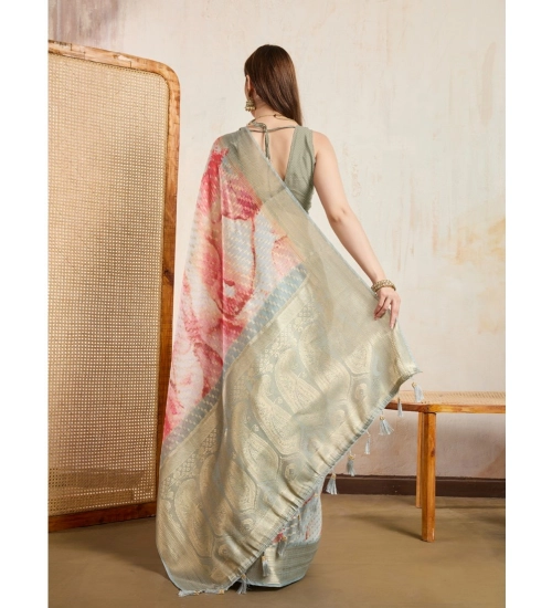 Generic Women's Viscose Printed Saree With Unstitched Blouse 5.5Mtr (Cream)