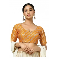 Generic Women's Jacquard Zari Round Neck Padded Blouse (Orange 38 Ready (Self Alterable 36–40)
