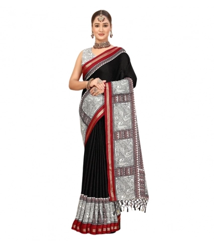 Generic Women's Cotton Silk Printed Saree With Unstitched Blouse 5.5Mtr (Black)