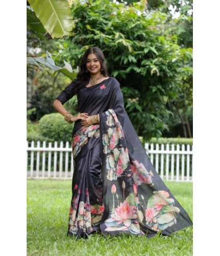 Generic Women's Faux_Tussar Floral Saree With Unstitched Blouse 5.5Mtr (Black)