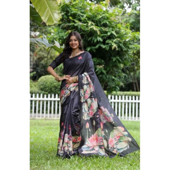 Generic Women's Faux_Tussar Floral Saree With Unstitched Blouse 5.5Mtr (Black) Generic Women's Faux_Tussar Floral Saree With Unstitched Blouse 5.5Mtr (Black)