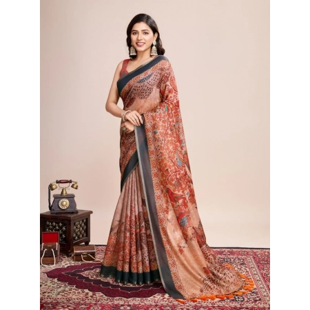 Generic Women's Semi Cotton Digital Print Saree With Unstitched Blouse 5.5Mtr (Orange)