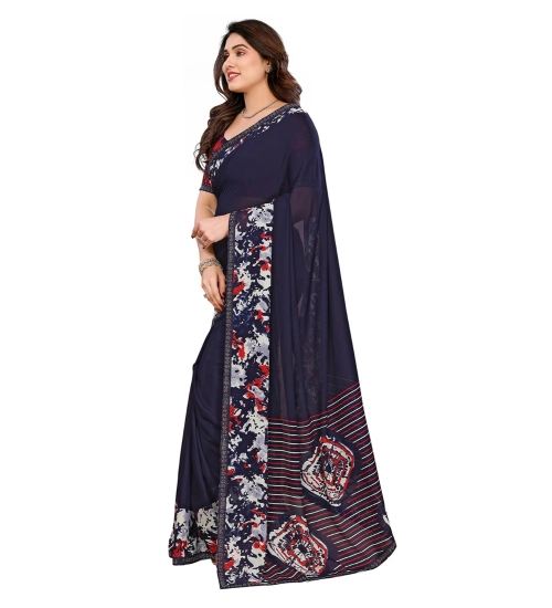 Generic Women's Georgette Printed Saree With Unstitched Blouse 5.5Mtr (Navy Blue)