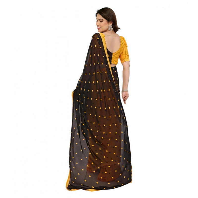 Women's Georgette Printed Saree With Unstitched Blouse 5.5Mtr (Black-Yellow)
