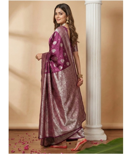 Generic Women's Silk Blend Printed Saree With Unstitched Blouse 5.5Mtr (Purple)