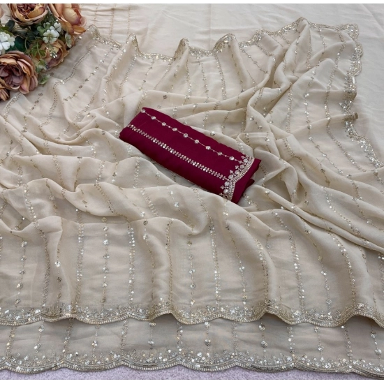 Generic Women's Star Georgette Embroidered Saree With Unstitched Blouse 5.5Mtr (Beige)