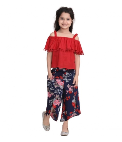 Generic Girl's Rayon Crepe Printed Cold Shoulder Top and Pants Set (Red-Navy)