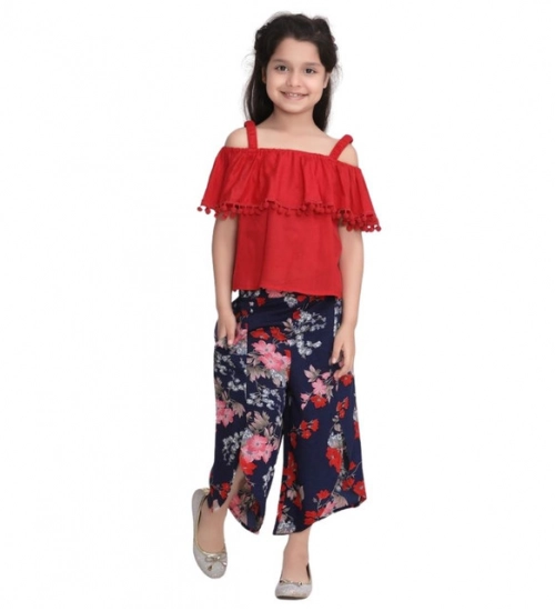 Generic Girl's Rayon Crepe Printed Cold Shoulder Top and Pants Set (Red-Navy)