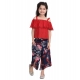 Generic Girl's Rayon Crepe Printed Cold Shoulder Top and Pants Set (Red-Navy)